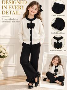 SHEIN Fall Tween Girl Tween Girl Black  White Colorblock Bow Cardigan Sweater  Ruffle Hem Knit Pants 2pcs Set School Formal Beige Cute Matching - Black and White - View 7