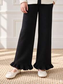 SHEIN Fall Tween Girl Tween Girl Black  White Colorblock Bow Cardigan Sweater  Ruffle Hem Knit Pants 2pcs Set School Formal Beige Cute Matching - Black and White - View 6