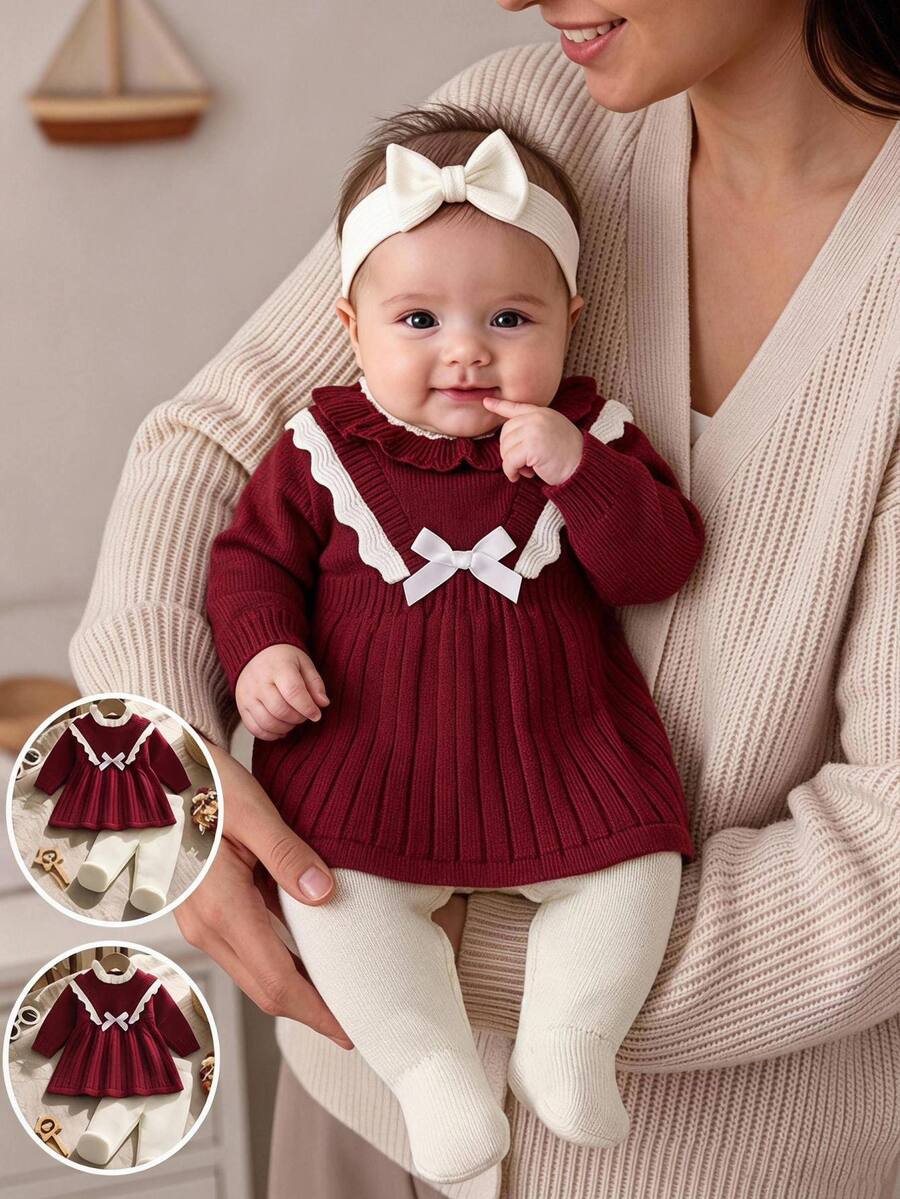 Korean Style Sweet Baby Red Knit Dress Set, Ruffle Bow Knit Dress + Footed Leggings, 2 Pieces Outfit For Newborn Baby Girl Holiday Photo Shoot Winter - Burgundy - View 1