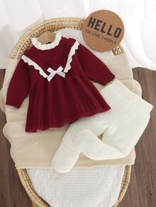 Korean Style Sweet Baby Red Knit Dress Set, Ruffle Bow Knit Dress + Footed Leggings, 2 Pieces Outfit For Newborn Baby Girl Holiday Photo Shoot Winter - Burgundy - View 7