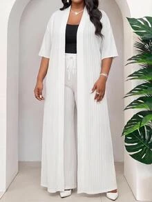 SHEIN Lady Plus Size Elegant Casual Tropical Solid Color Front Open Short Sleeve Jacket Cinched Waist Pants 2 Pieces Set Summer Going Out Vacation White - White - View 3