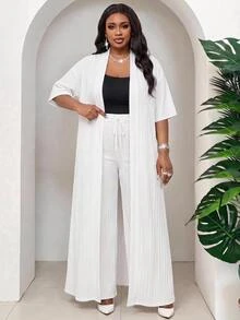 SHEIN Lady Plus Size Elegant Casual Tropical Solid Color Front Open Short Sleeve Jacket Cinched Waist Pants 2 Pieces Set Summer Going Out Vacation White - White - View 5