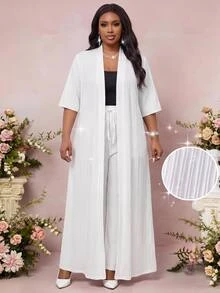 SHEIN Lady Plus Size Elegant Casual Tropical Solid Color Front Open Short Sleeve Jacket Cinched Waist Pants 2 Pieces Set Summer Going Out Vacation White - White - View 1