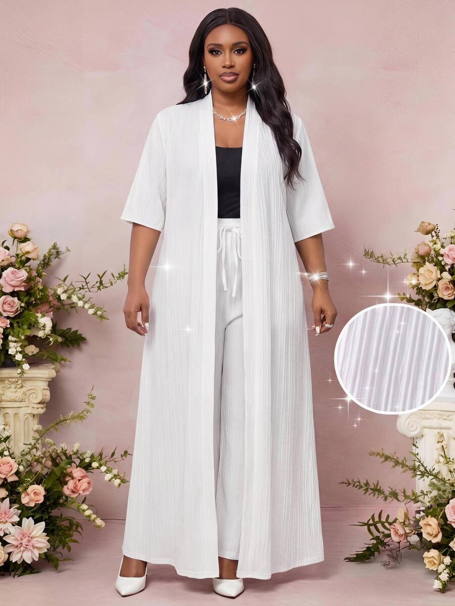 SHEIN Lady Plus Size Elegant Casual Tropical Solid Color Front Open Short Sleeve Jacket Cinched Waist Pants 2 Pieces Set Summer Going Out Vacation White - White - View 1