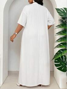 SHEIN Lady Plus Size Elegant Casual Tropical Solid Color Front Open Short Sleeve Jacket Cinched Waist Pants 2 Pieces Set Summer Going Out Vacation White - White - View 2