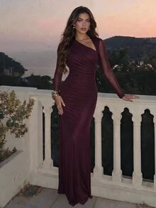 Lumalex 不對稱百褶長袖修身洋裝，綠色，適合婚禮賓客，夏季女裝，優雅波希米亞風，柔軟優雅 - 紫紅色 - 查看 3