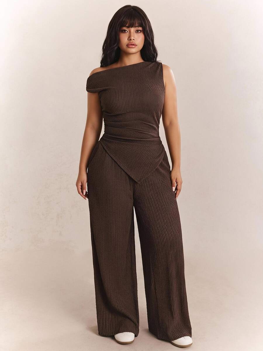 CovetEZ 2pcs Plus Size Women Textured Jacquard Asymmetric Top And Pants Set, Coffee Brown, Spring/Summer, Summer Outfits Two Piece Wide Leg Knit - Coffee Brown - View 1
