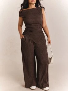CovetEZ 2pcs Plus Size Women Textured Jacquard Asymmetric Top And Pants Set, Coffee Brown, Spring/Summer, Summer Outfits Two Piece Wide Leg Knit - Coffee Brown - View 9
