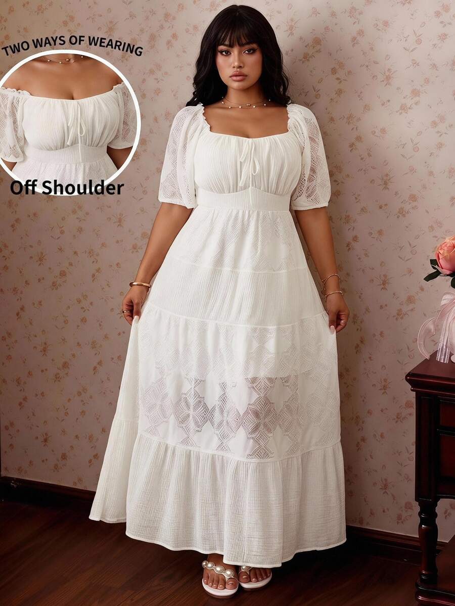 CovetEZ New Arrival Spring/Summer Bohemian Dressy Tropical Casual Fairycore Cottage Core Boho Lace Patchwork Textured Plus Size Dress Allover White Tea Party