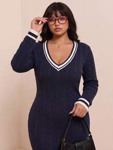 CovetEZ Plus Size Collegiate Color Block Cable Knit Deep V Neck Long Sleeve Casual Sweater Dress - Navy Blue - View 1