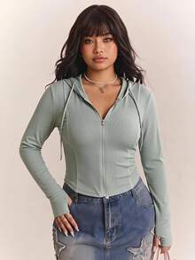 CovetEZ Solid Color Full Zip Hooded Casual Streetwear Baggy Everyday Plus Size Women's Jacket Fall Going Out Party Teacher Grey - Olive Green - View 1