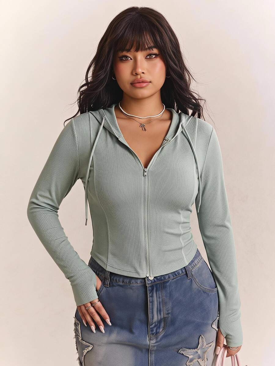 CovetEZ Solid Color Full Zip Hooded Casual Streetwear Baggy Everyday Plus Size Women's Jacket Fall Going Out Party Teacher Grey - Olive Green - View 1