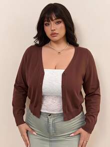 CovetEZ Coffee Brown Autumn/Winter Sexy Casual Soft Form Deep V-Neck Solid Color Button Cardigan Plus Size Office Formal - Coffee Brown - View 1