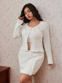 CovetEZ 大尺碼女款 3D 花卉裝飾長袖針織開襟衫與裙子套裝 白色 秋冬 約會之夜 雞尾酒會 婚禮賓客 正式晚宴 派對 - 白色 - 查看 4