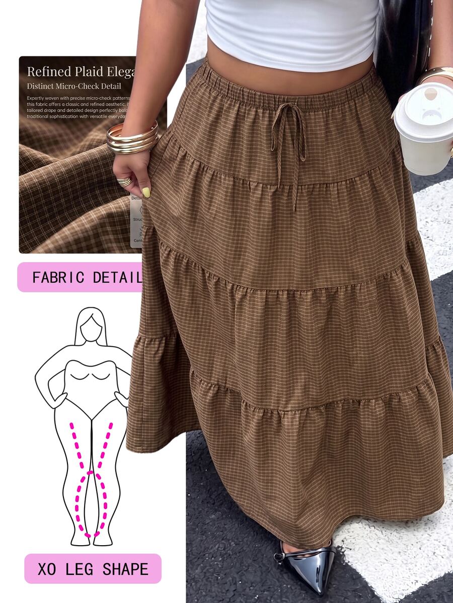 Solflare Plus Size Korean Style Plaid Drawstring Waist Ruffle Hem Skirt Fall,Casual,Going Out - Multicolor - View 1