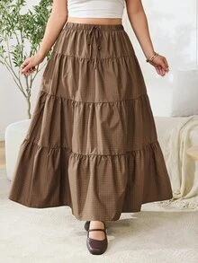 Solflare Plus Size Korean Style Plaid Drawstring Waist Ruffle Hem Skirt Fall,Casual,Going Out - Multicolor - View 3