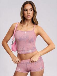 Avenya Sequin Decor Square Neck T-Shirt & Super Low-Rise Shorts Set - Pink - View 1