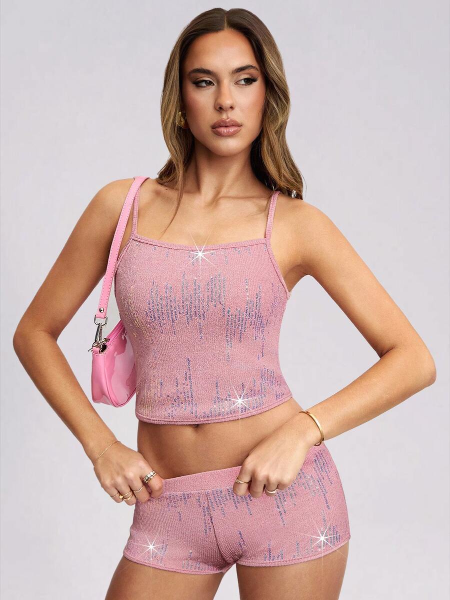 Avenya Sequin Decor Square Neck T-Shirt & Super Low-Rise Shorts Set - Pink - View 1