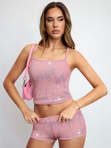 Avenya Sequin Decor Square Neck T-Shirt & Super Low-Rise Shorts Set - Pink - View 3
