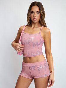 Avenya Sequin Decor Square Neck T-Shirt & Super Low-Rise Shorts Set - Pink - View 6