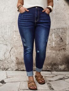 SHEIN ICON Plus Size Fashion Button Pocket Distressed Denim Jeans Winter Halloween Christmas - Dark Wash - View 6