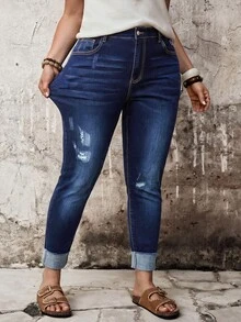 SHEIN ICON Plus Size Fashion Button Pocket Distressed Denim Jeans Winter Halloween Christmas - Dark Wash - View 3