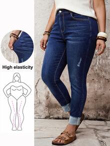 SHEIN ICON Plus Size Fashion Button Pocket Distressed Denim Jeans Winter Halloween Christmas - Dark Wash - View 1