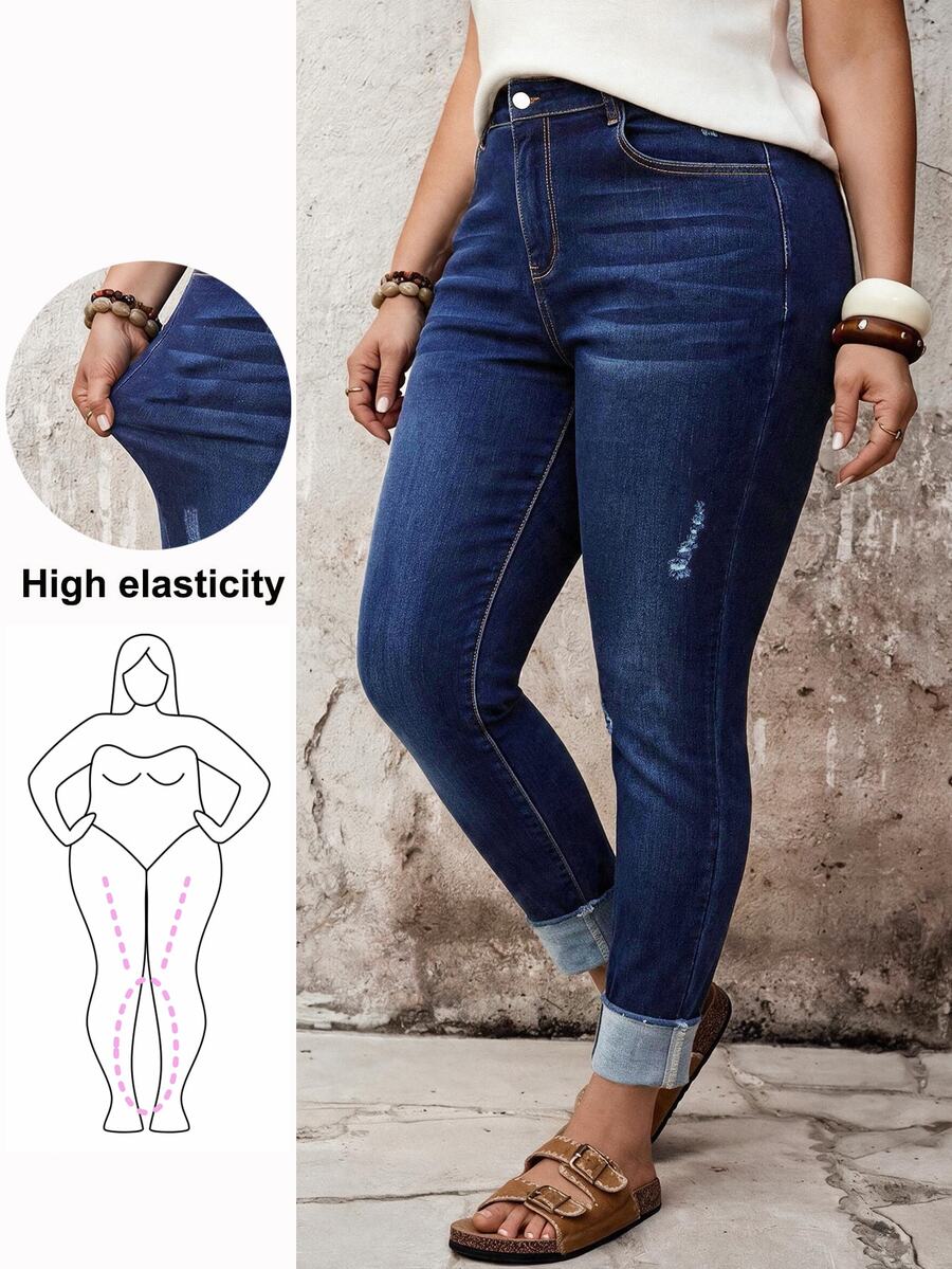 SHEIN ICON Plus Size Fashion Button Pocket Distressed Denim Jeans Winter Halloween Christmas - Dark Wash - View 1