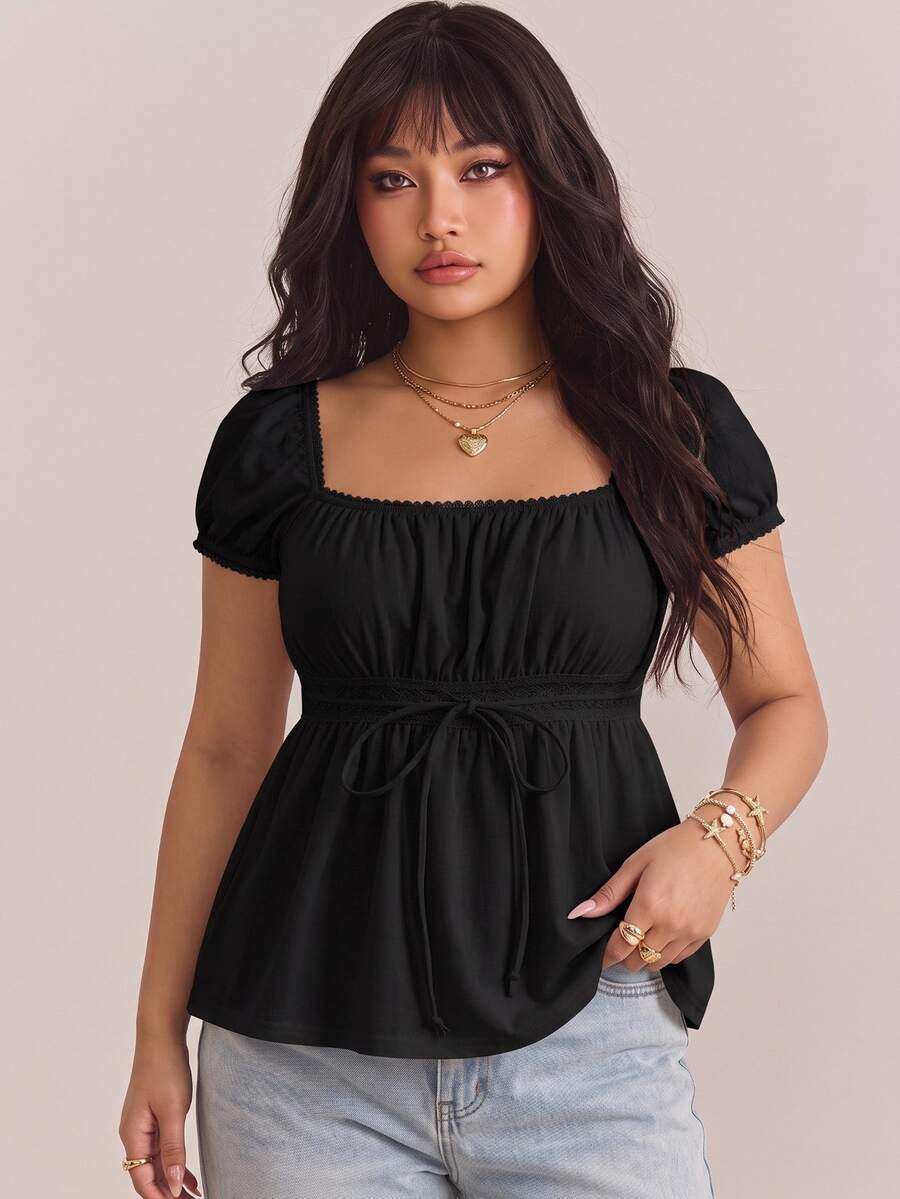 CovetEZ Plus Size 95% Cotton Summer Square Neck Puff Sleeve Tie Front Tee Black Suitable For Summer - Black - View 1