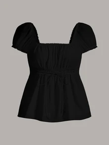 CovetEZ Plus Size 95% Cotton Summer Square Neck Puff Sleeve Tie Front Tee Black Suitable For Summer - Black - View 5