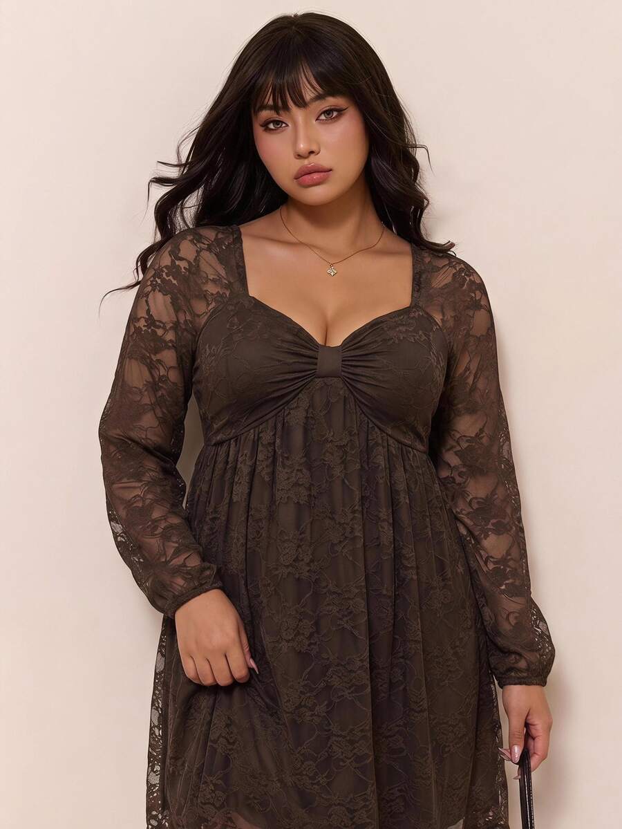 CovetEZ Spring/Autumn Vintage Romantic Elegant Brown Lace Patchwork Ruffle Hem A-Line Long Sleeve Casual Plus Size Dress Fall Brunch Date Night Formal - Brown - View 1