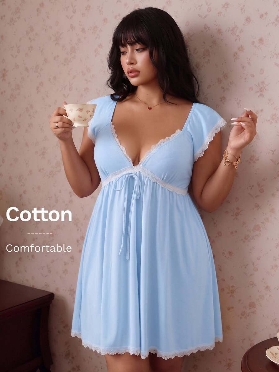CovetEZ Spring Summer Lace Patchwork Cotton Blend Ruffle Trim Short Sleeve Vacation Casual Cute Fairy Plus Size Dress Date Party Birthday Night Light Blue - Blue - View 1