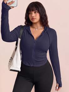 CovetEZ Black Solid Color Full Zip Hoodie Casual Everyday Plus Size Jacket Fall - Royal Blue - View 1
