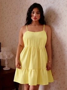 CovetEZ Soft Yellow Spring/Summer New Solid Color Jacquard Striped Casual Fairy Sexy Cute Vacation Plus Size Dress Brunch Formal Going Out - Yellow - View 9