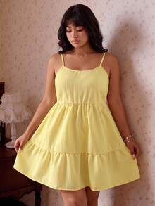 CovetEZ Soft Yellow Spring/Summer New Solid Color Jacquard Striped Casual Fairy Sexy Cute Vacation Plus Size Dress Brunch Formal Going Out - Yellow - View 1
