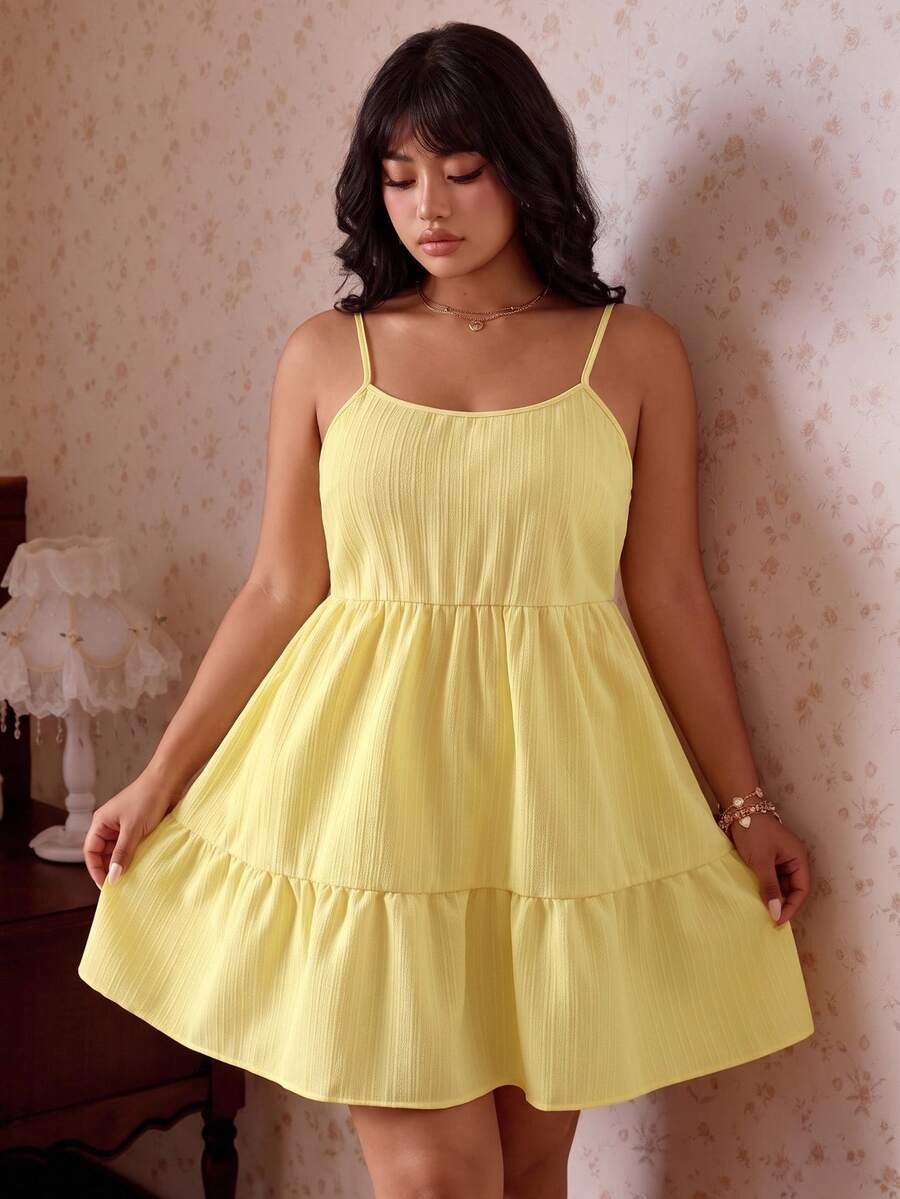 CovetEZ Soft Yellow Spring/Summer New Solid Color Jacquard Striped Casual Fairy Sexy Cute Vacation Plus Size Dress Brunch Formal Going Out - Yellow - View 1