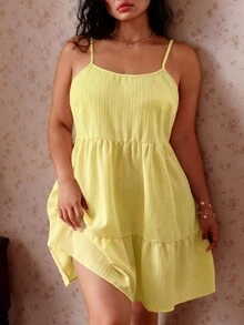 CovetEZ Soft Yellow Spring/Summer New Solid Color Jacquard Striped Casual Fairy Sexy Cute Vacation Plus Size Dress Brunch Formal Going Out - Yellow - View 3