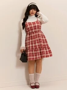 CovetEZ 夏季新款復古優雅格紋聖誕印花休閒A字大尺碼洋裝，畢業生日穿搭，白色與棕色 - 彩色 - 查看 6