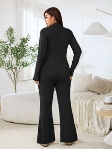 Solflare Plus Size Elegant Frog Button Long Sleeve Jacket And Pants 2 Pieces Set,Fall,Winter,Black,Casual,New Year,Festival,Going Out - Black - View 7