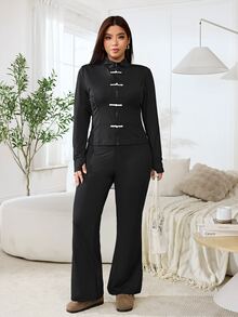 Solflare Plus Size Elegant Frog Button Long Sleeve Jacket And Pants 2 Pieces Set,Fall,Winter,Black,Casual,New Year,Festival,Going Out - Black - View 3