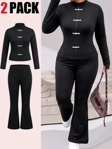 Solflare Plus Size Elegant Frog Button Long Sleeve Jacket And Pants 2 Pieces Set,Fall,Winter,Black,Casual,New Year,Festival,Going Out - Black - View 1