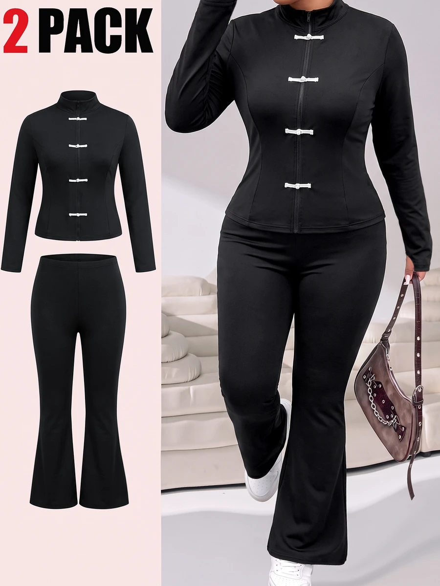 Solflare Plus Size Elegant Frog Button Long Sleeve Jacket And Pants 2 Pieces Set,Fall,Winter,Black,Casual,New Year,Festival,Going Out - Black - View 1