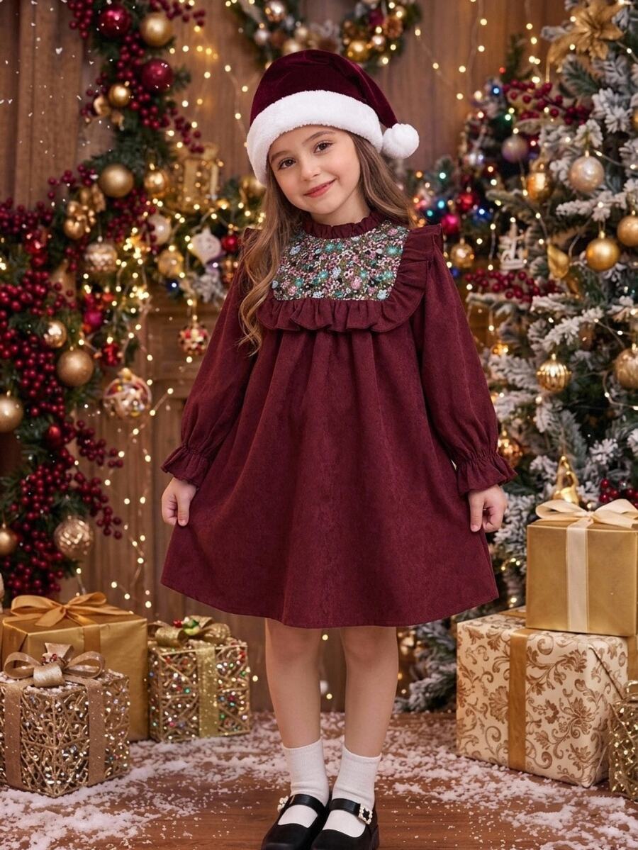 SHEIN 女童休閒仙女公主風母女套裝 Mommy and Me 荷葉邊飾仿刺繡碎花娃娃裙 酒紅色 梭織燈芯絨 秋冬款 - 酒紅色 - 查看 1