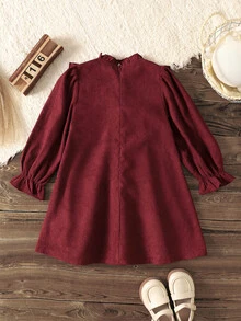 SHEIN 女童休閒仙女公主風母女套裝 Mommy and Me 荷葉邊飾仿刺繡碎花娃娃裙 酒紅色 梭織燈芯絨 秋冬款 - 酒紅色 - 查看 2