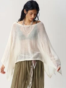 Bohemela Áo len choàng phong cách Bohemian dáng rộng - Màu be - Xem 4