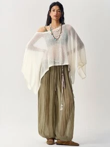 Bohemela Áo len choàng phong cách Bohemian dáng rộng - Màu be - Xem 3
