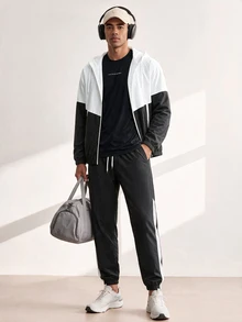 Driftmere 2 Pieces Breathable Colorblock Running & Fitness Workout Set, Includes Top And Pants Black Sports - Black - View 2