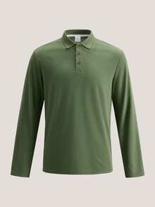 Driftmere Men's Solid Color Long Sleeve Polo Shirt, Casual Fashion, Suitable For Daily Wear, Lightweight And Breathable, Sporty Style, Spring/Summer Sports - Olive Green - View 4