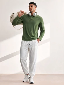 Driftmere Men's Solid Color Long Sleeve Polo Shirt, Casual Fashion, Suitable For Daily Wear, Lightweight And Breathable, Sporty Style, Spring/Summer Sports - Olive Green - View 3