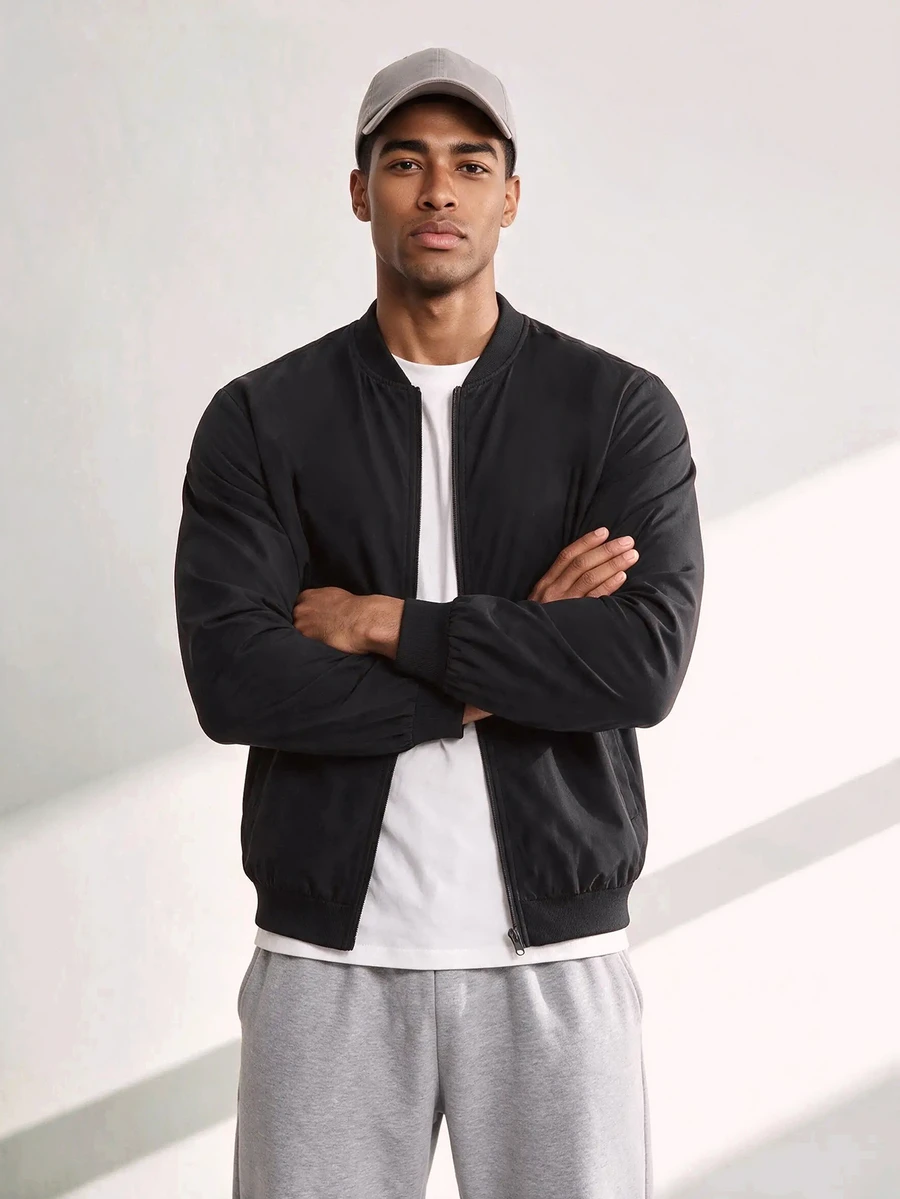 Driftmere Baseball Collar Jacket, Casual Versatile Zip-Up Windbreaker Sports Black - Black - View 1